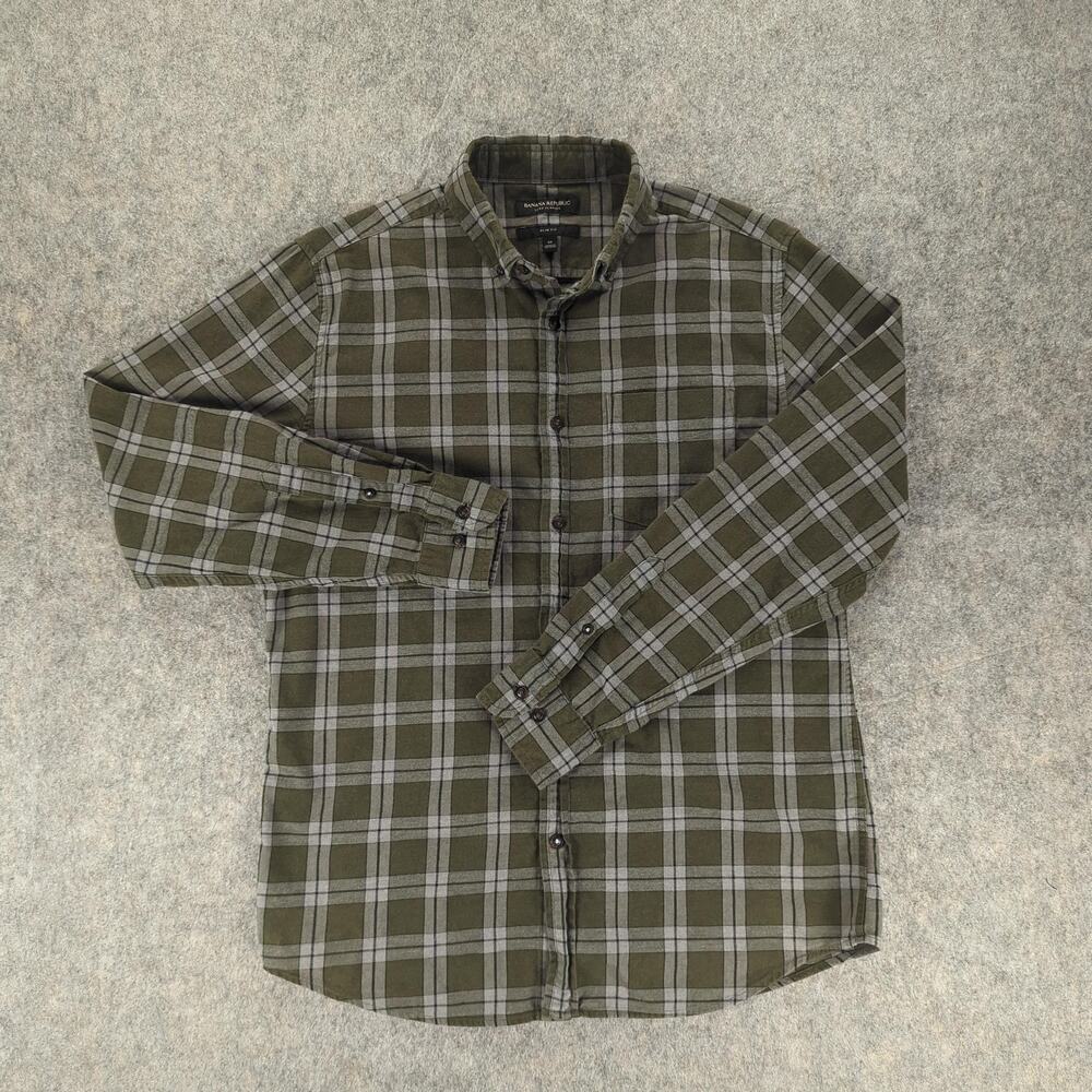 Banana Republic Shirt Mens Medium Green Gray Plaid Luxe Flannel Slim Fit Casual